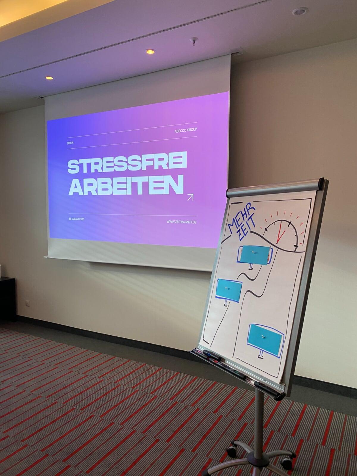 Ein EInblick in ein Seminar. Zu sehen ist eine Präsentationstitelfolie und ein Whiteboard.